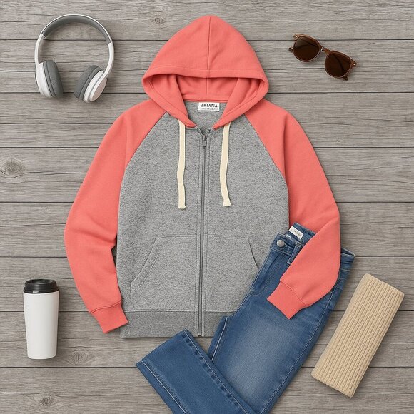 πZenana Colorblock Coral Grey Zip Hoodie XS Women or Girls 14/16 Comfy Fit - Picture 9 of 10